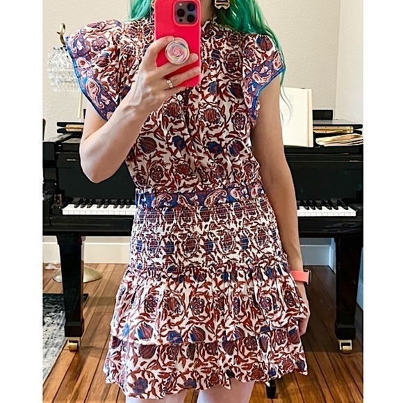 HOUSE HARLOW 2Pc Vintage Floral Ruffle Puff Sleeve Top Smocked Tiered Mini Skirt - Picture 1 of 12
